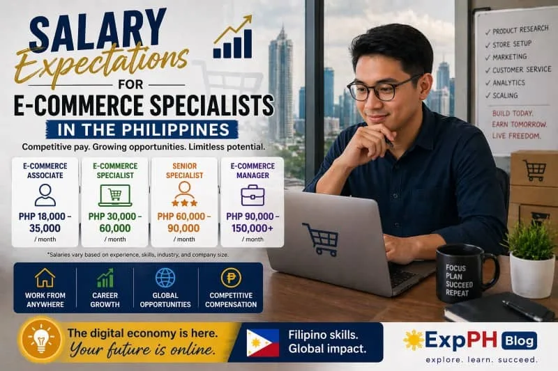 Filipino e-commerce specialist working on laptop with salary chart showing income levels for e-commerce jobs in the Philippines
