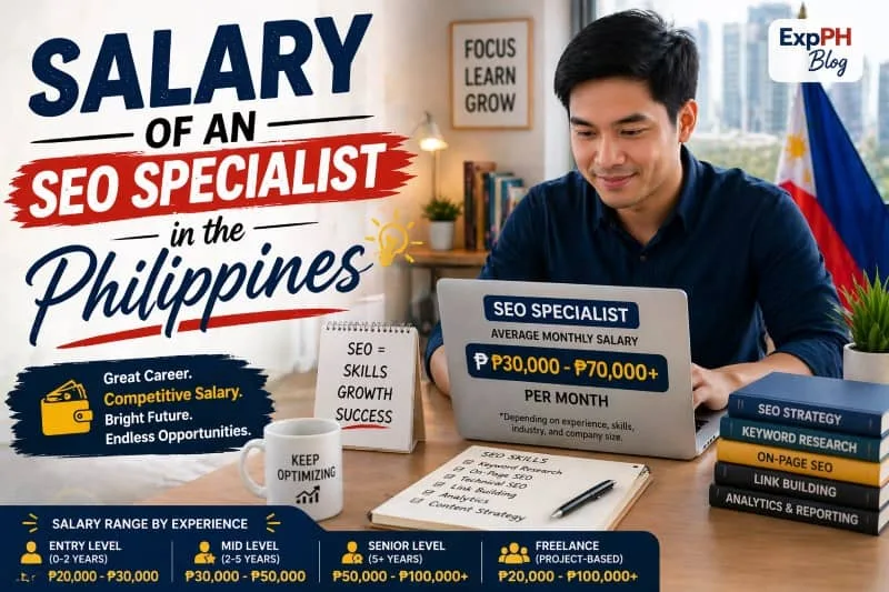 Filipino SEO specialist working on a laptop showing salary range in the Philippines with notes on skills, growth, and monthly income