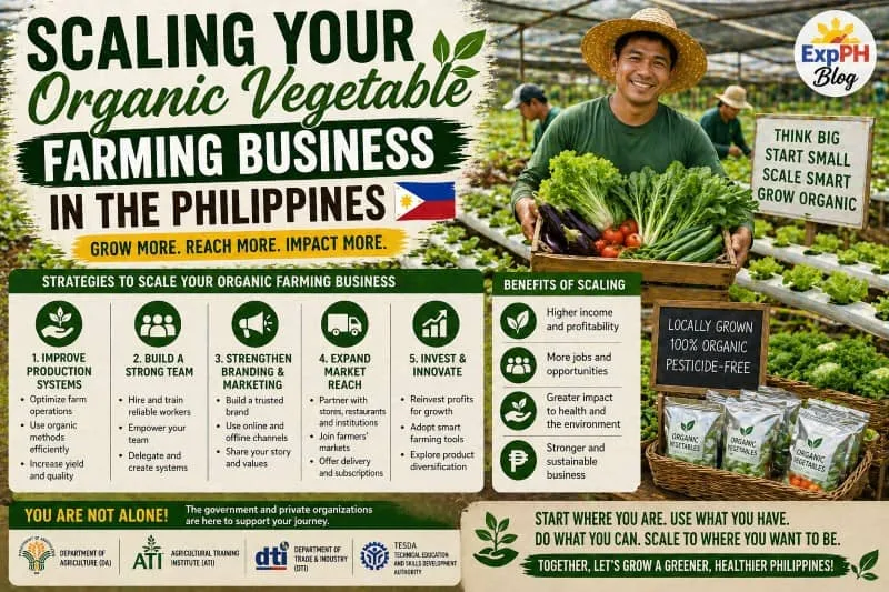 Filipino farmer expanding organic vegetable farm with ExpPH Blog logo showing growth and scaling of vegetable farming business in the Philippines