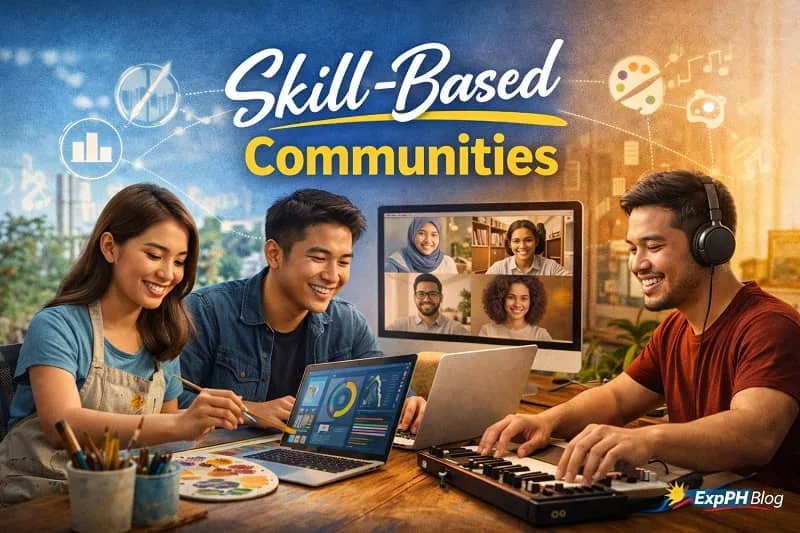 Filipino individuals collaborating in skill-based communities through online platforms while working on creative and digital skills