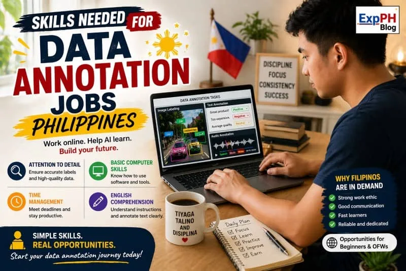 Filipino man working on laptop doing data annotation tasks showing skills like attention to detail computer skills and time management with ExpPH Blog logo