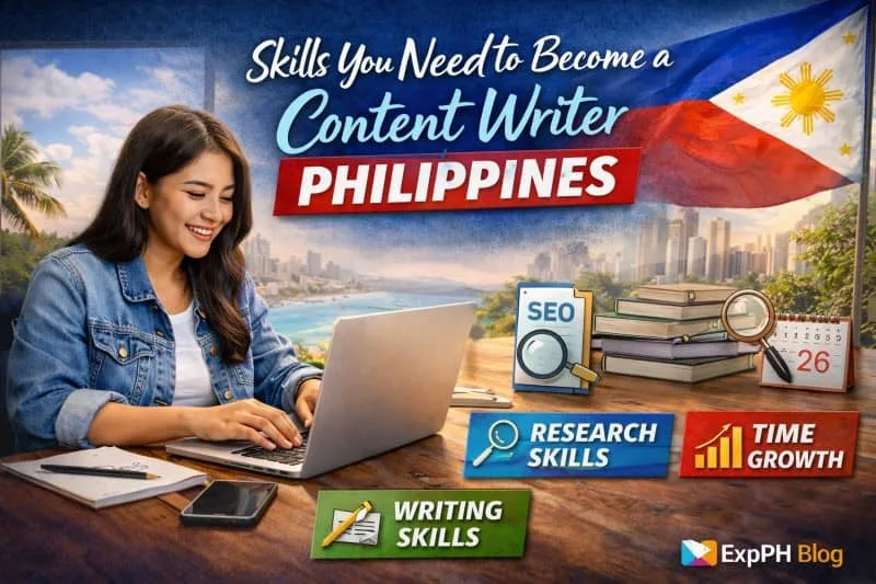 Filipino woman working on a laptop showing essential skills to become a content writer in the Philippines including writing skills SEO research and time management with ExpPH Blog logo