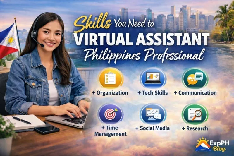 A Filipina virtual assistant working on a laptop with a headset, with icons showing organization, tech skills, communication, time management, social media, and research, set against a Manila skyline and Philippine flag background