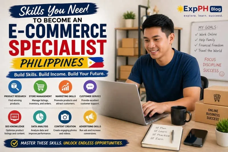Filipino e-commerce specialist working on laptop with icons showing product research, marketing, SEO, and customer service skills in Philippines