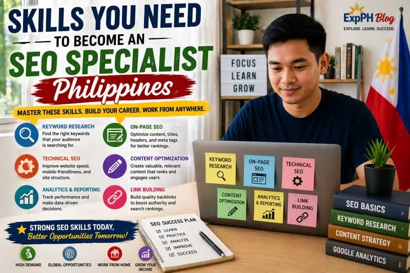 Filipino SEO specialist working on laptop with notes showing keyword research, on-page SEO, technical SEO, and content optimization skills