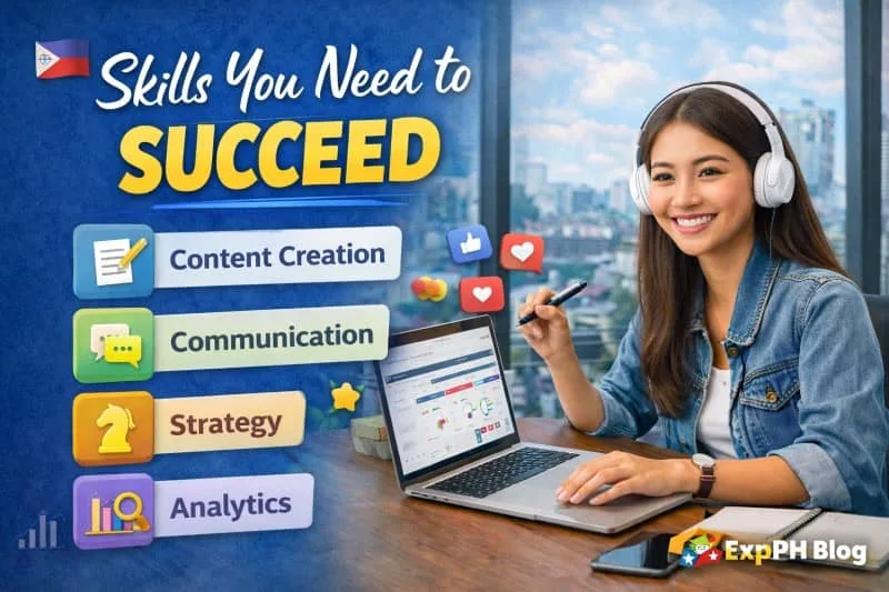 Filipino social media manager working on laptop with content creation, analytics, and communication icons showing essential skills for online success