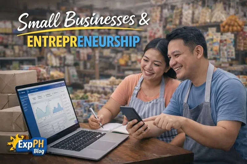 Filipino couple managing a small store while using a laptop and smartphone for their business