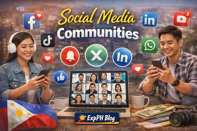 Filipino users engaging in social media communities using smartphones and laptop with social icons and ExpPH Blog logo
