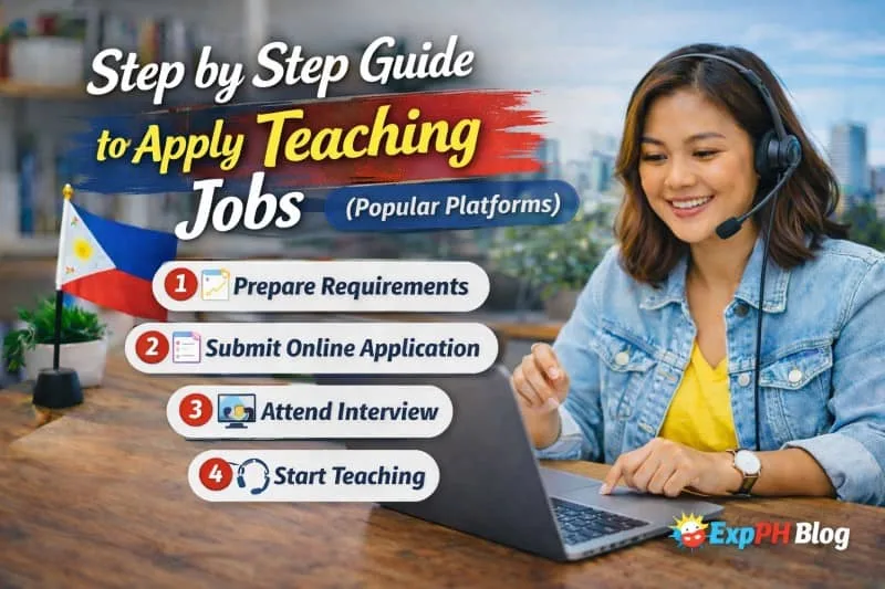 Filipina applying for online teaching jobs using laptop with step by step guide showing application process and ExpPH Blog logo