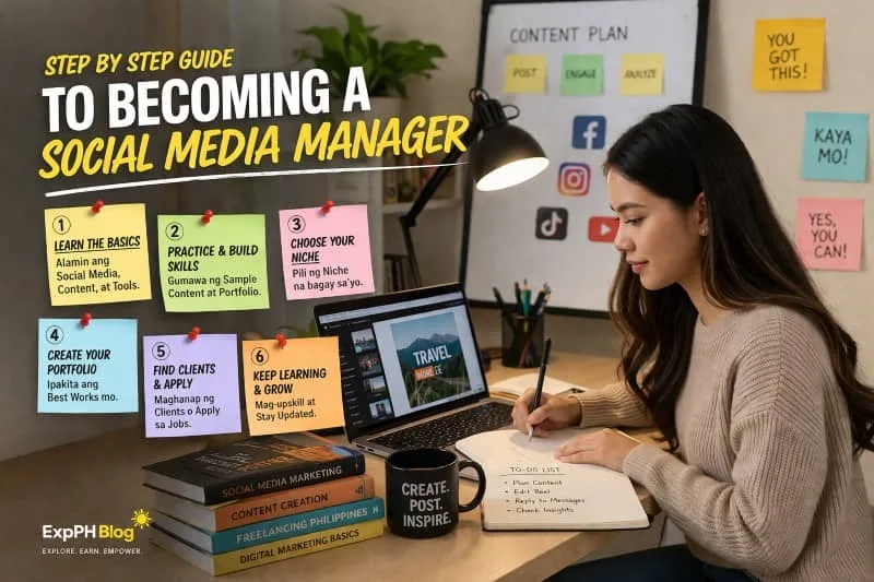 Filipina working on a laptop with a step by step guide to becoming a social media manager, featuring a home office setup and content planning visuals