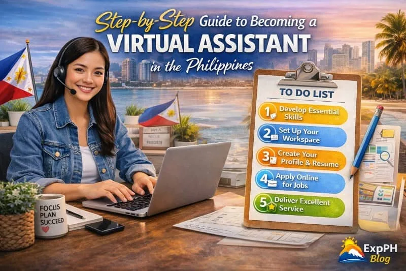 A Filipina virtual assistant working on a laptop with a headset, beside a step-by-step checklist showing how to become a virtual assistant in the Philippines, with Manila skyline and Philippine flag in the background