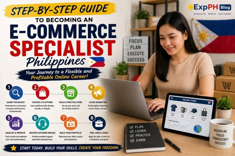 Filipino woman working on laptop with step-by-step e-commerce guide, showing online store setup, marketing, and career growth in Philippines