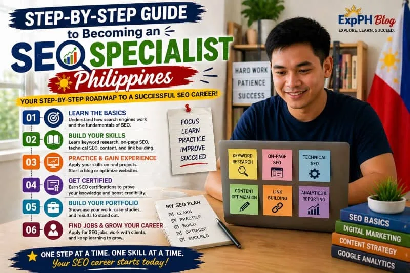 Filipino working on laptop showing step by step process to become an SEO specialist including learning, practice, and building skills