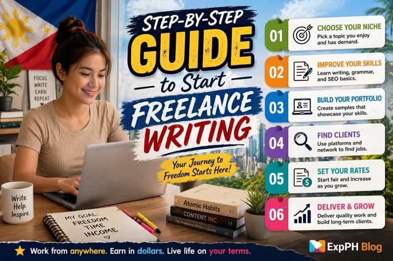 Filipino freelancer working on a laptop with step by step guide to start freelance writing showing learning skills portfolio and client steps with ExpPH Blog logo