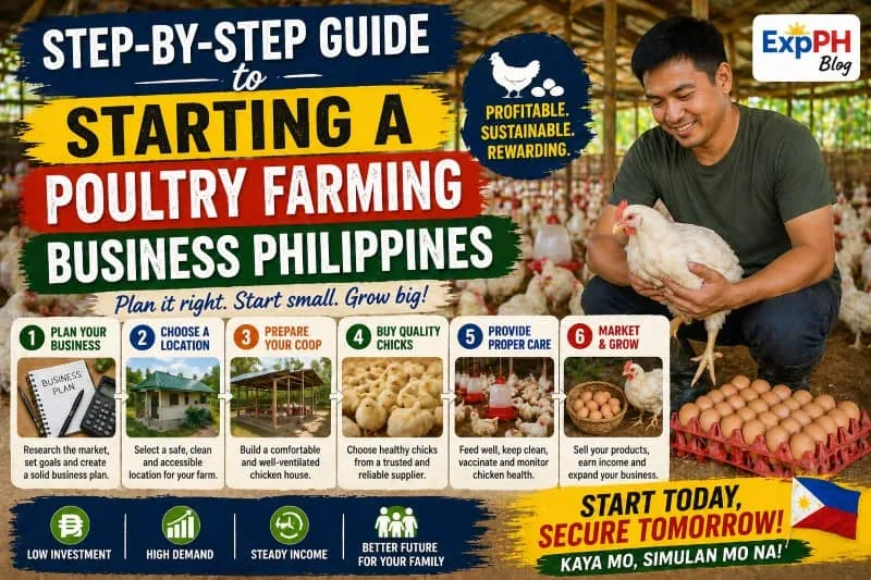 Filipino farmer holding a chicken inside a poultry farm with step by step guide text for starting a poultry farming business Philippines and ExpPH Blog logo