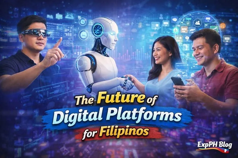 Filipino users interacting with futuristic digital platforms using advanced technology like AI, virtual interfaces, and mobile apps
