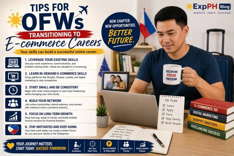 Filipino OFW working on laptop at home with suitcase and online business tools representing transition to e-commerce career
