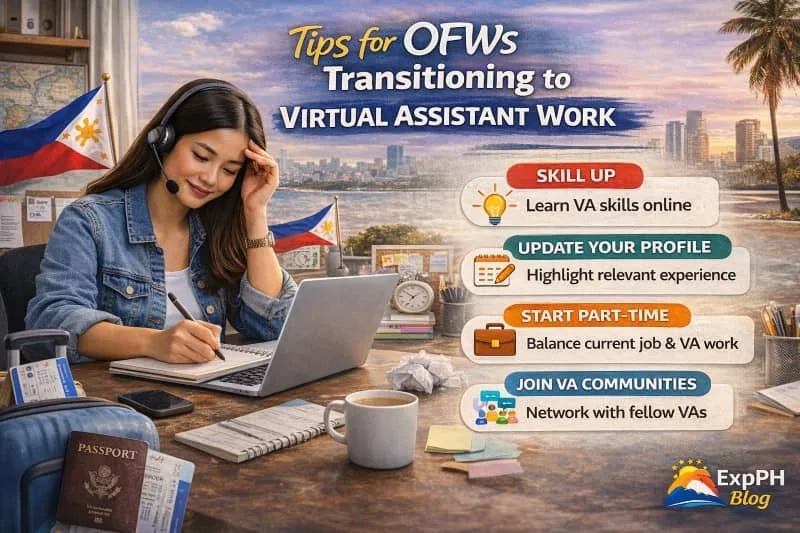 A Filipina OFW working on a laptop with a headset, with travel items like a passport and suitcase, alongside tips for transitioning to virtual assistant work