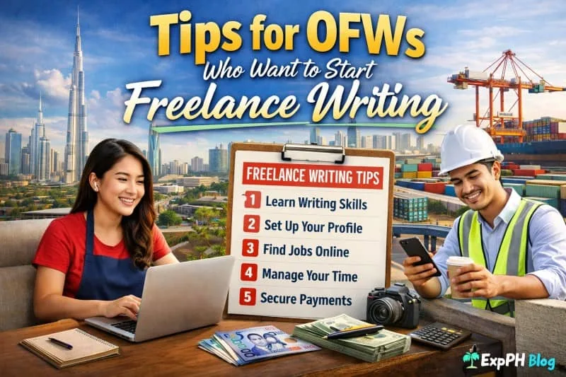 Filipino OFW working on a laptop and another OFW at a port checking a phone, with freelance writing tips and income visuals in the background