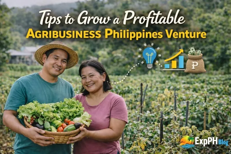 Filipino couple holding fresh vegetables on a farm with growth icons and ExpPH Blog logo representing successful agribusiness in the Philippines