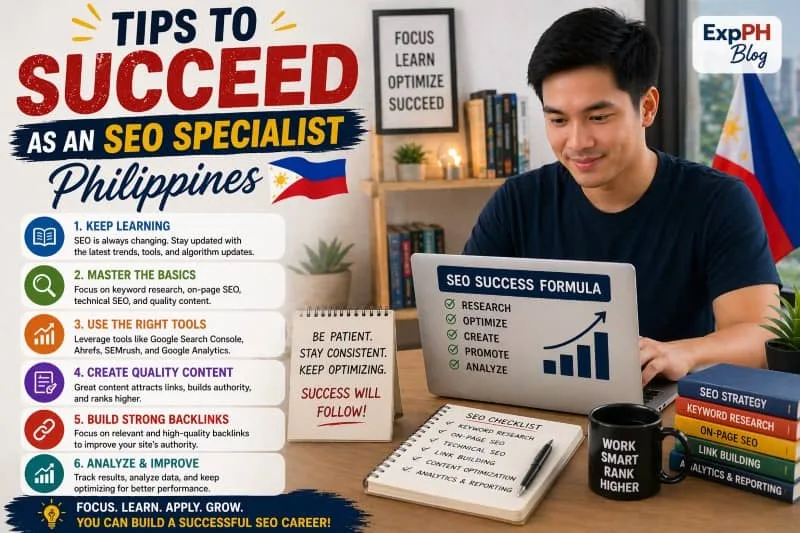 Filipino SEO specialist working on a laptop with checklist of SEO tips including keyword research, content, backlinks, and analytics