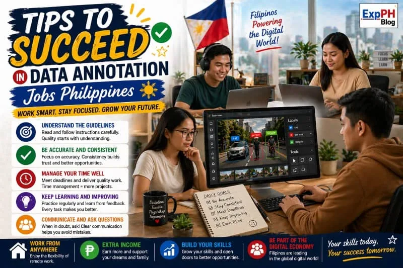 Filipino workers using laptops doing data annotation tasks with tips for success displayed and ExpPH Blog logo