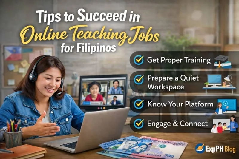 Filipina online teacher using a laptop with headset, teaching students on video call, with tips for success in online teaching displayed on screen