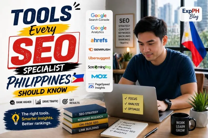 Filipino man using a laptop with SEO tools like Google Search Console, Google Analytics, Ahrefs, SEMrush, and Moz displayed on screen in a modern workspace
