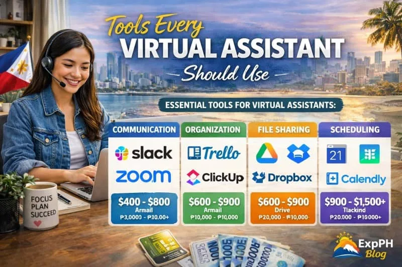 A Filipina virtual assistant working on a laptop with a headset, with icons of communication, organization, file sharing, and scheduling tools displayed on screen