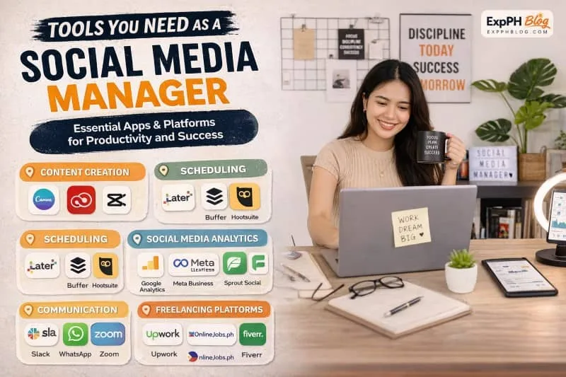 Filipina social media manager working on a laptop with essential tools like content creation apps, scheduling platforms, analytics, and freelancing websites displayed in a home office setup