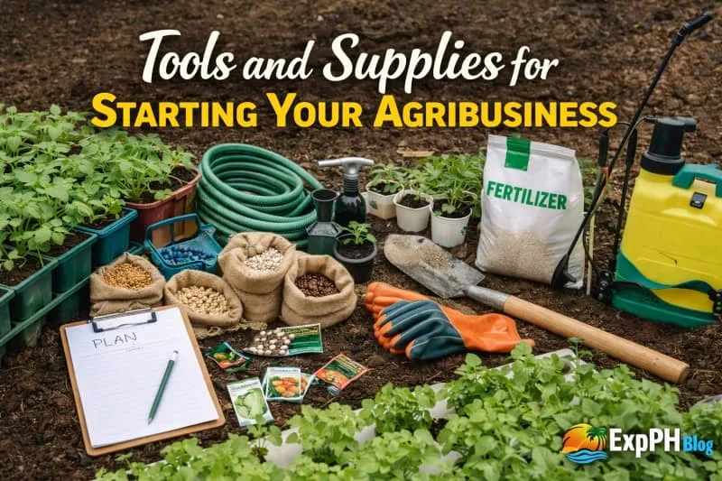 Agricultural tools and supplies including seeds, fertilizer, sprayer, gloves, and seedlings arranged on soil with ExpPH Blog logo