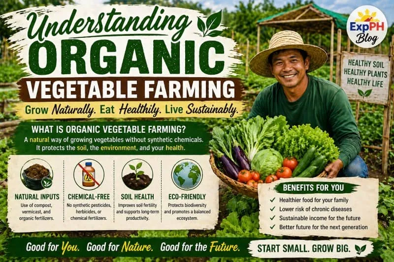 Filipino farmer learning organic vegetable farming methods in a garden with ExpPH Blog logo showing composting and natural farming practices