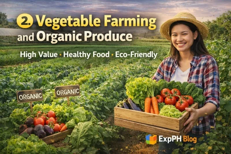 Filipino farmer harvesting organic vegetables like lettuce, tomatoes, and carrots in a farm showing vegetable farming and organic produce business in the Philippines with ExpPH Blog logo
