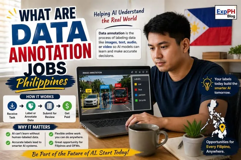 Filipino man working on laptop doing data annotation tasks with labeled images and AI elements on screen with ExpPH Blog logo