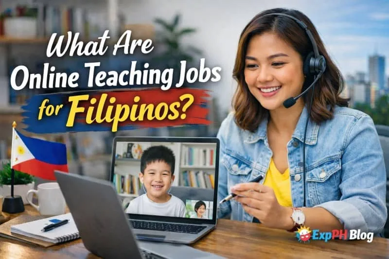 Filipina online teacher using laptop and headset teaching ESL to a child through video call with Philippine flag and ExpPH Blog logo