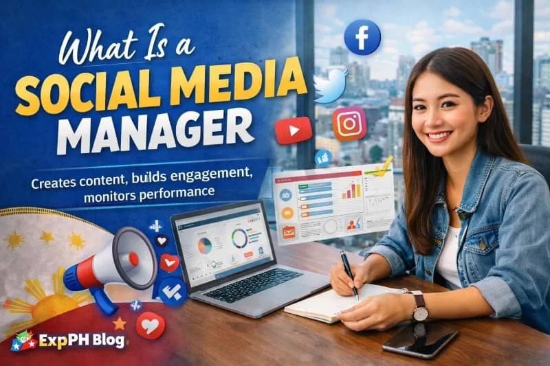 Filipino social media manager working on a laptop with analytics dashboard and social media icons in a modern workspace