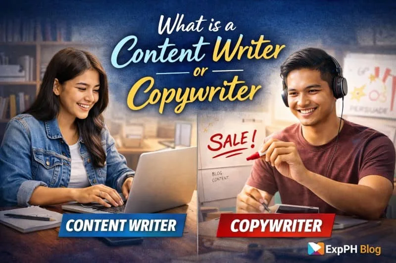 Filipino content writer and copywriter working on laptops showing difference between content writing and copywriting with realistic workspace and ExpPH Blog logo