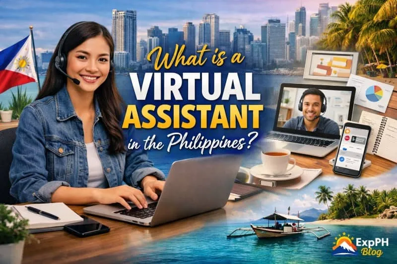 A smiling Filipina virtual assistant working on a laptop with a headset, featuring Manila skyline, Philippine flag, and remote work setup with charts and devices, highlighting virtual assistant jobs in the Philippines