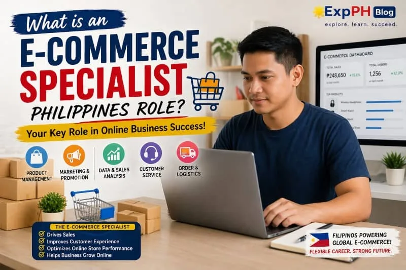 Filipino e-commerce specialist working on laptop with online store dashboard, product boxes, and digital marketing icons representing e-commerce role Philippines