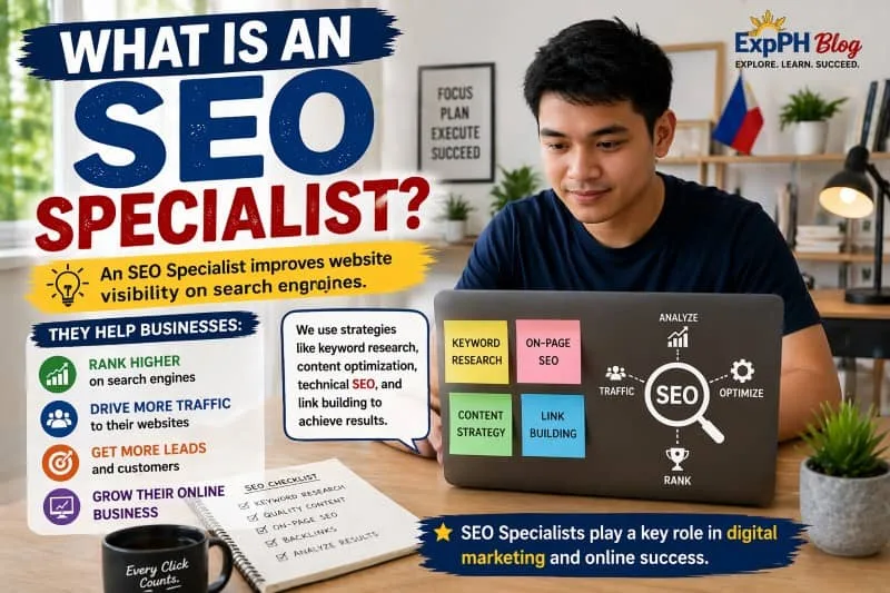 Filipino SEO specialist working on laptop with notes about keyword research, on-page SEO, and content strategy in a home workspace