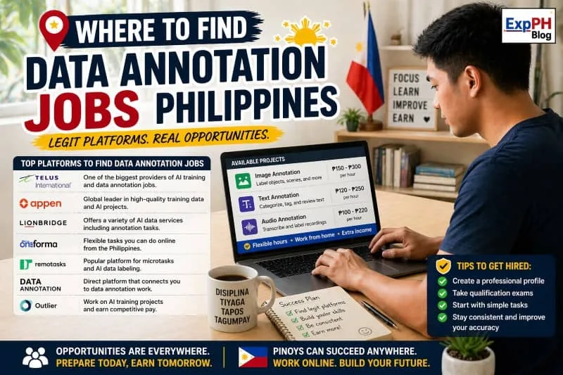 Filipino man working on laptop showing data annotation job platforms and tasks with ExpPH Blog logo