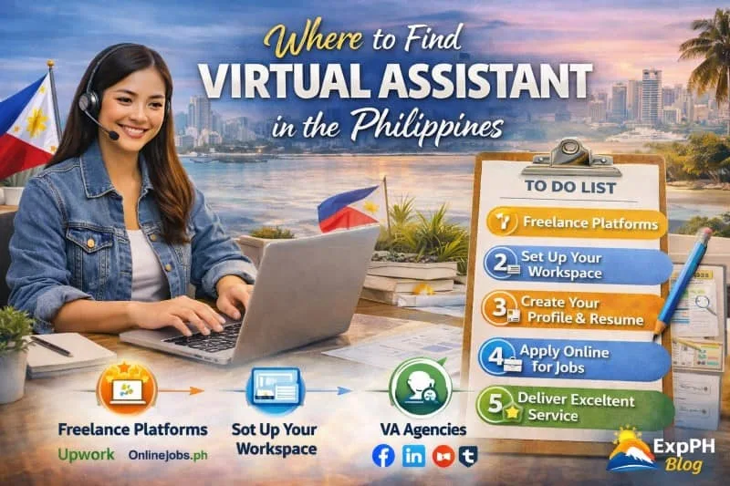 A Filipina virtual assistant working on a laptop with a headset, with icons of job platforms, online marketplaces, and remote work tools, set against a Manila skyline and Philippine-themed background