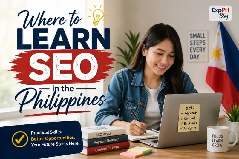 Filipino woman studying SEO on a laptop at home with Philippine flag, books, and notes about keywords, content, backlinks, and analytics