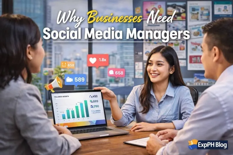 Filipino social media manager presenting growth analytics and engagement metrics to a team in a modern office setting