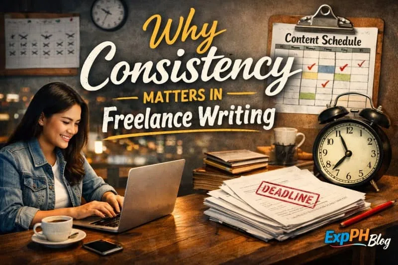 A Filipino freelance writer working on a laptop with a content schedule, deadline papers, and a clock, highlighting the importance of consistency in freelance writing.