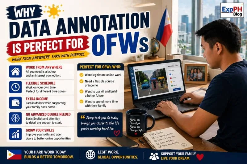 Filipino OFW working on laptop doing data annotation tasks at home with flexible schedule and ExpPH Blog logo
