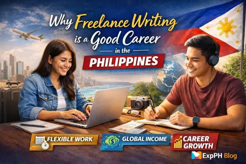 Filipino freelancers working on laptops showing benefits of freelance writing in the Philippines with icons for flexible work global income and career growth and ExpPH Blog logo