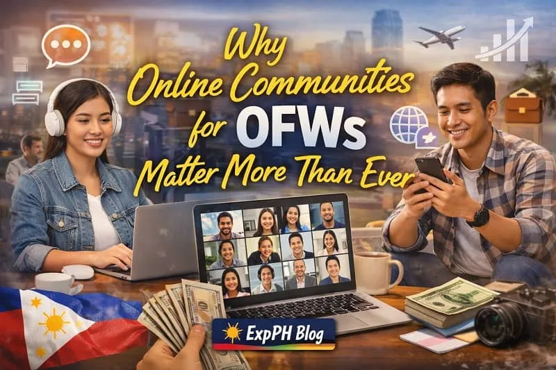 Filipino OFWs using laptop and smartphone connected through online communities with ExpPH Blog logo showing digital communication and support