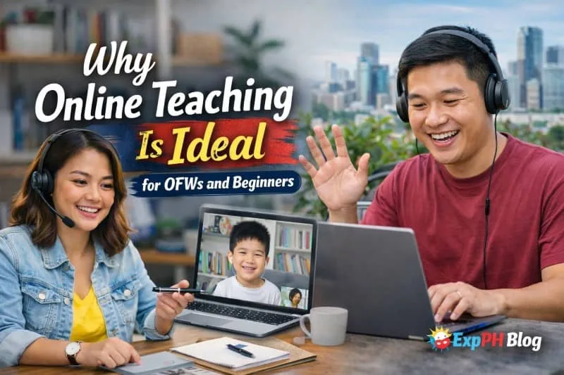 Filipino online teachers using laptops and headsets teaching ESL from home and abroad with ExpPH Blog logo visible