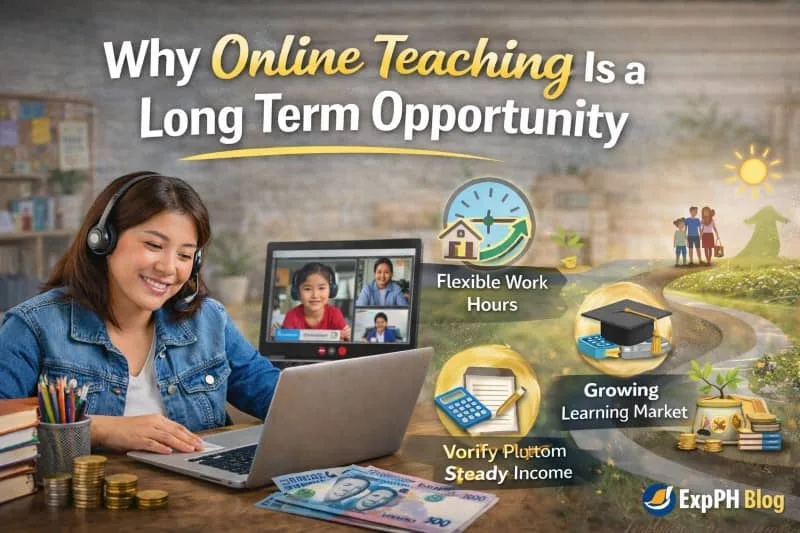 Filipina online teacher smiling while teaching on a laptop, with visuals showing growth, stable income, and long term career benefits